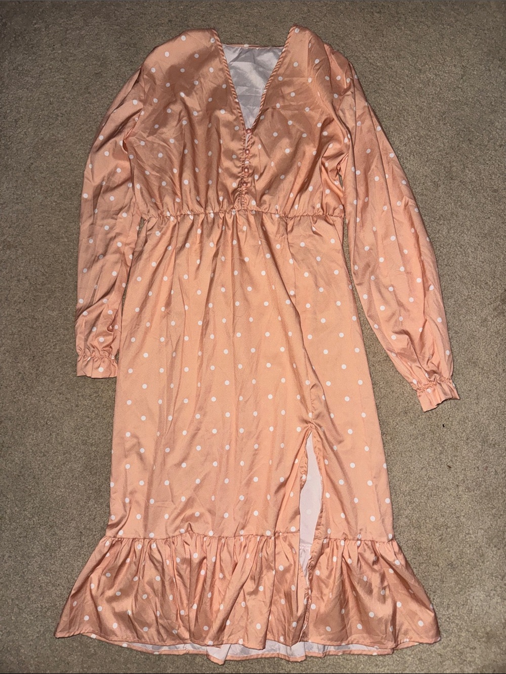 Peach Polka Dot Ruffle Hem Midi Dress